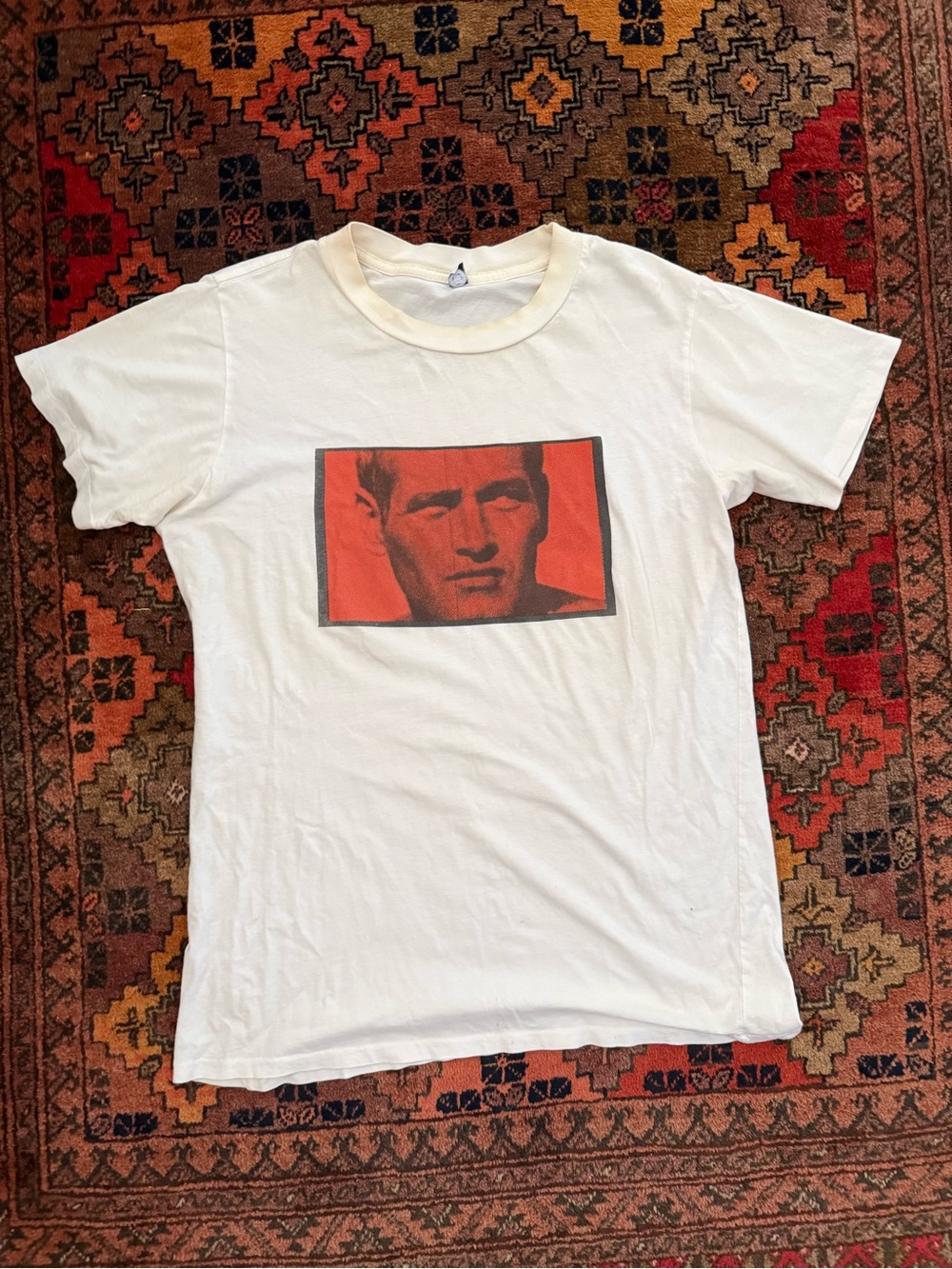 Men's White Short Sleeve Graphic Tee with Red Portrait Print